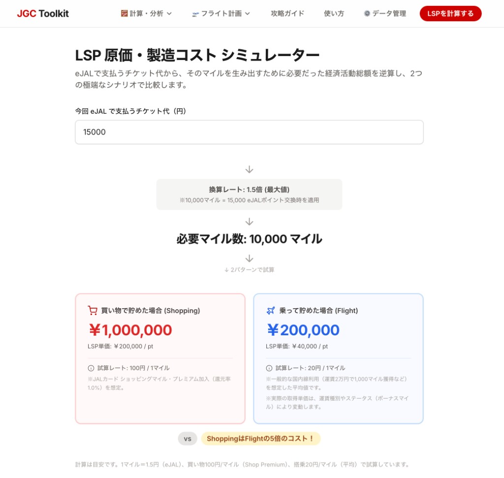 LSP原価シミュレーターのトップ画面